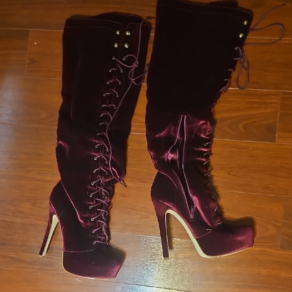 JustFab Burgundy Velvet Over the Knee Boots